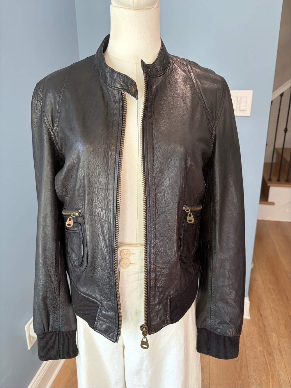 DOMA Black Genuine Leather Moto Bomber Jacket XL Fits XS Small